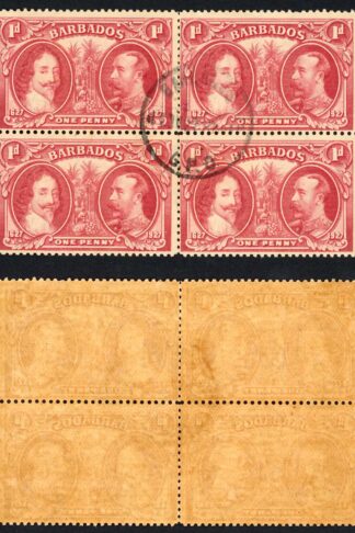 Barbados SG240 1927 Tercentenary 1d Block (toned paper) CDS Block