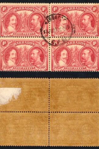 Barbados SG240 1927 Tercentenary 1d Block (toned paper) CDS Block
