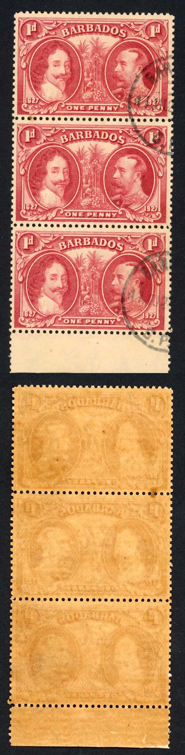 Barbados SG240 1927 Tercentenary 1d Block (toned paper) CDS Strip