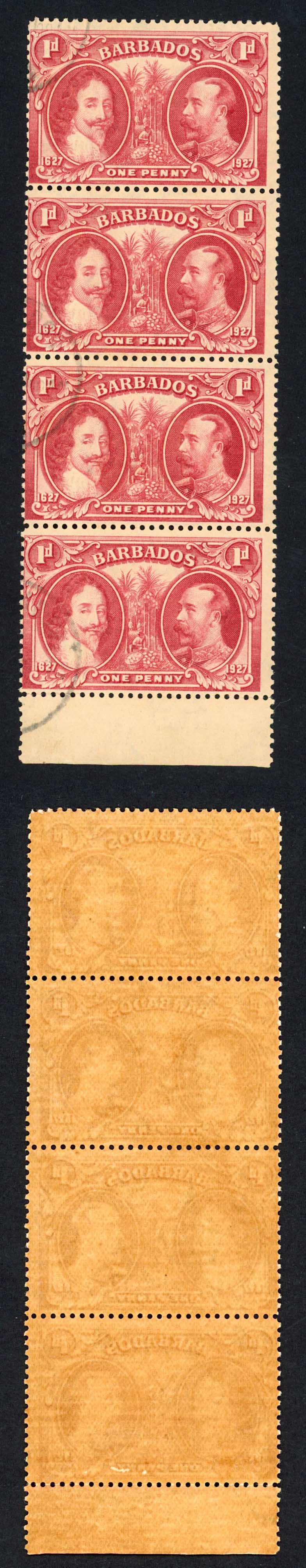 Barbados SG240 1927 Tercentenary 1d Block (toned paper) CDS Strip