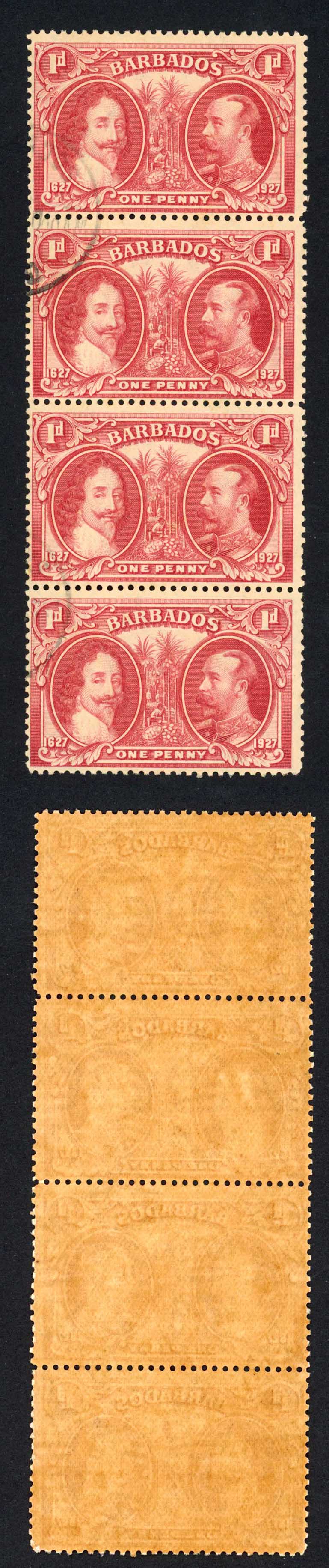 Barbados SG240 1927 Tercentenary 1d Block (toned paper) CDS Strip