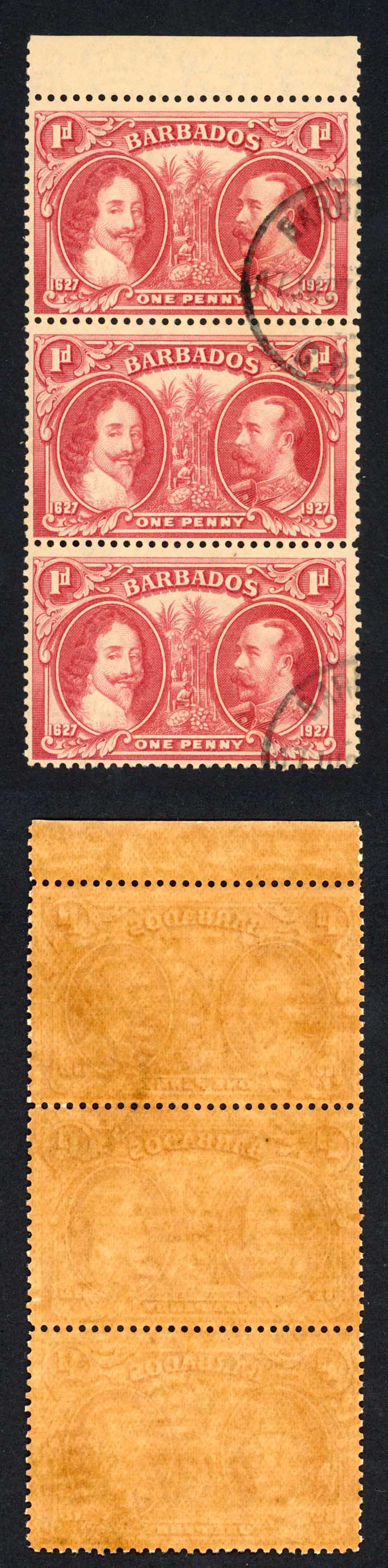 Barbados SG240 1927 Tercentenary 1d Block (toned paper) CDS Strip