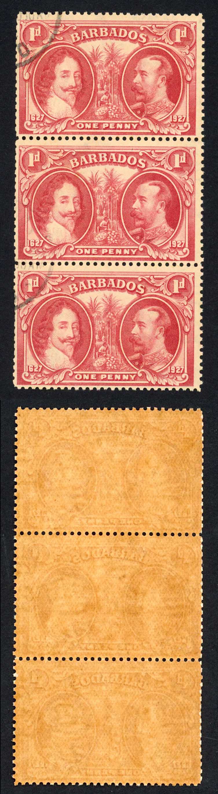 Barbados SG240 1927 Tercentenary 1d Block (toned paper) CDS Strip