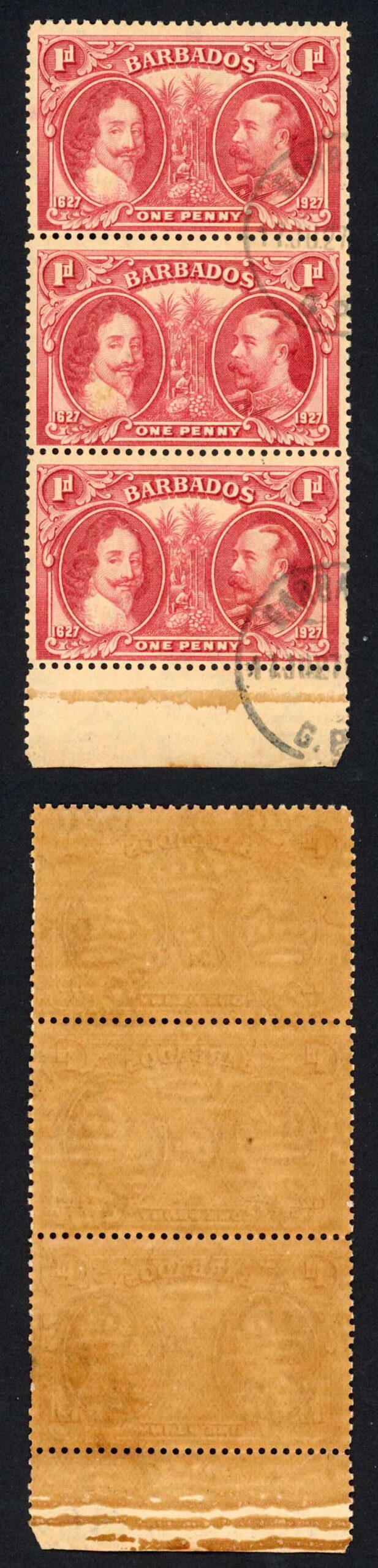 Barbados SG240 1927 Tercentenary 1d Block (toned paper) CDS Strip