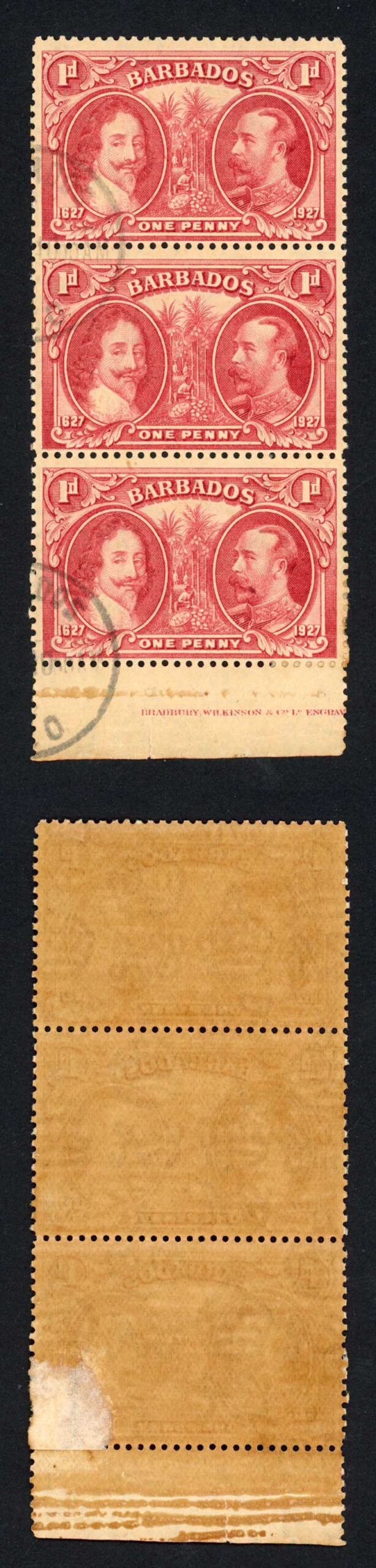 Barbados SG240 1927 Tercentenary 1d Block (toned paper) CDS Strip
