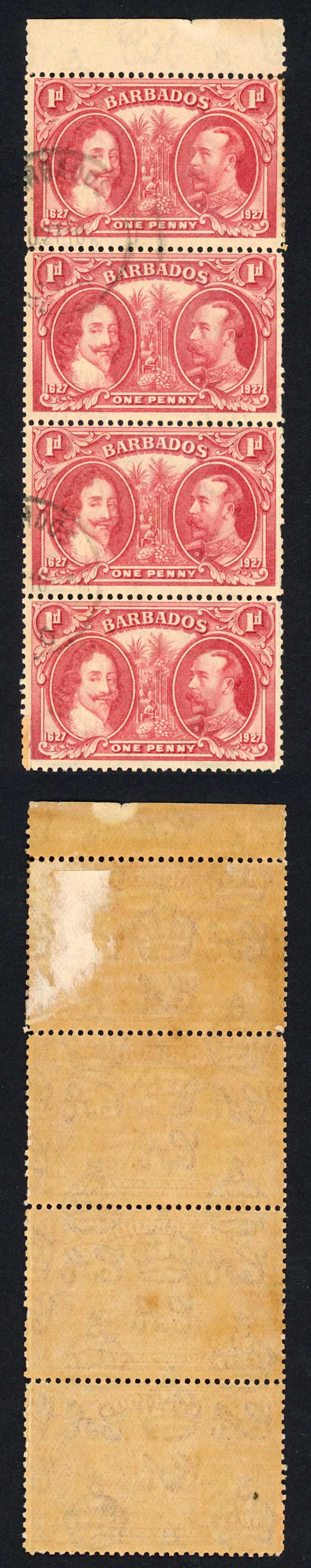 Barbados SG240 1927 Tercentenary 1d Block (toned paper) CDS Strip