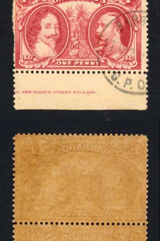 Barbados SG240 1927 Tercentenary 1d Block (toned paper) CDS Strip