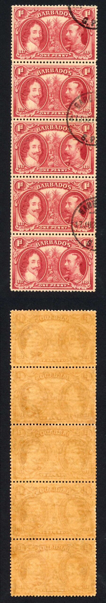 Barbados SG240 1927 Tercentenary 1d Block (toned paper) CDS Strip
