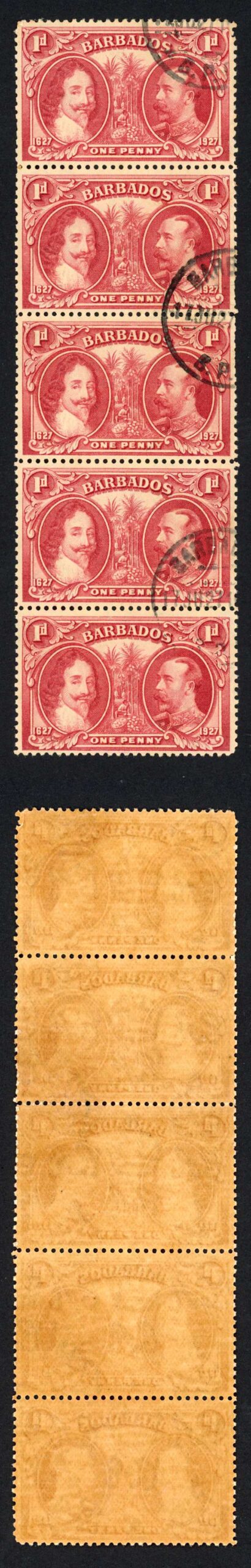 Barbados SG240 1927 Tercentenary 1d Block (toned paper) CDS Strip