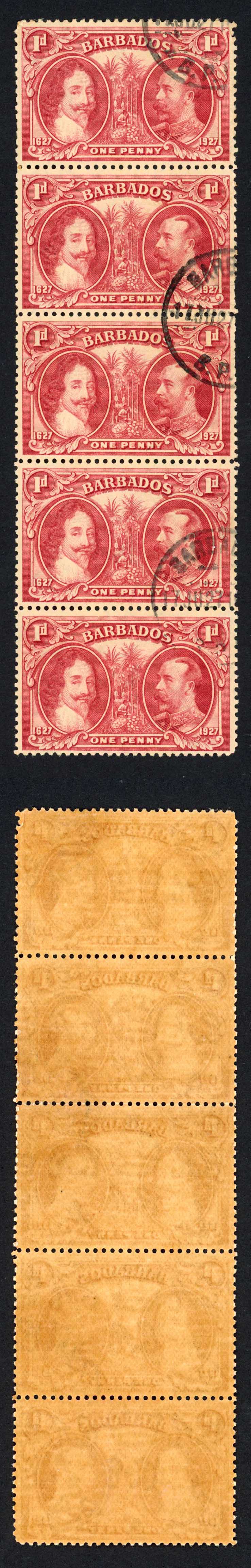 Barbados SG240 1927 Tercentenary 1d Block (toned paper) CDS Strip