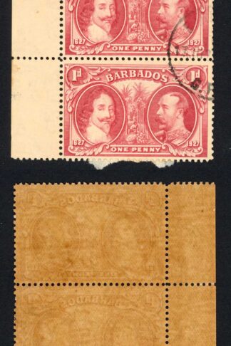 Barbados SG240 1927 Tercentenary 1d Block (toned paper) CDS Strip