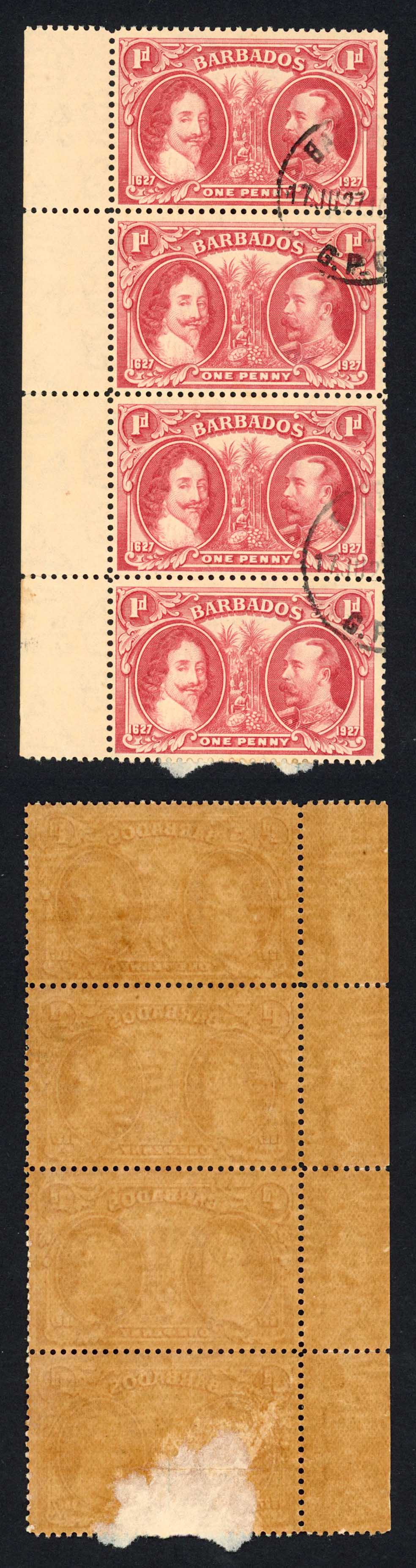 Barbados SG240 1927 Tercentenary 1d Block (toned paper) CDS Strip