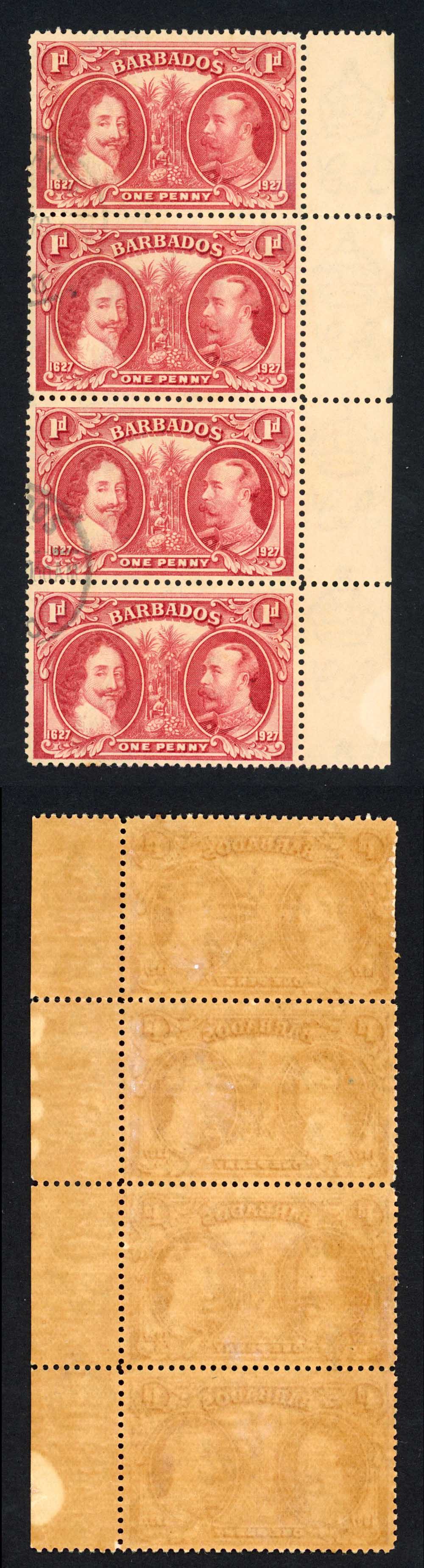 Barbados SG240 1927 Tercentenary 1d Block (toned paper) CDS Strip