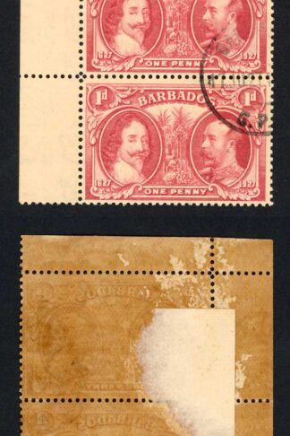 Barbados SG240 1927 Tercentenary 1d Block (toned paper) CDS Strip