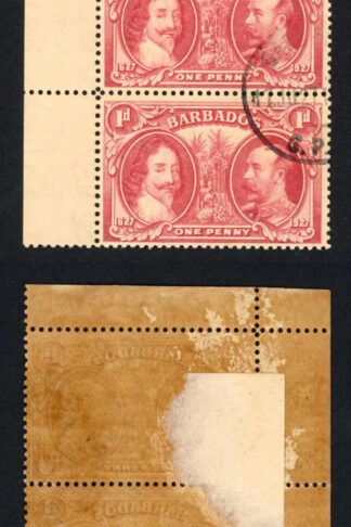 Barbados SG240 1927 Tercentenary 1d Block (toned paper) CDS Strip