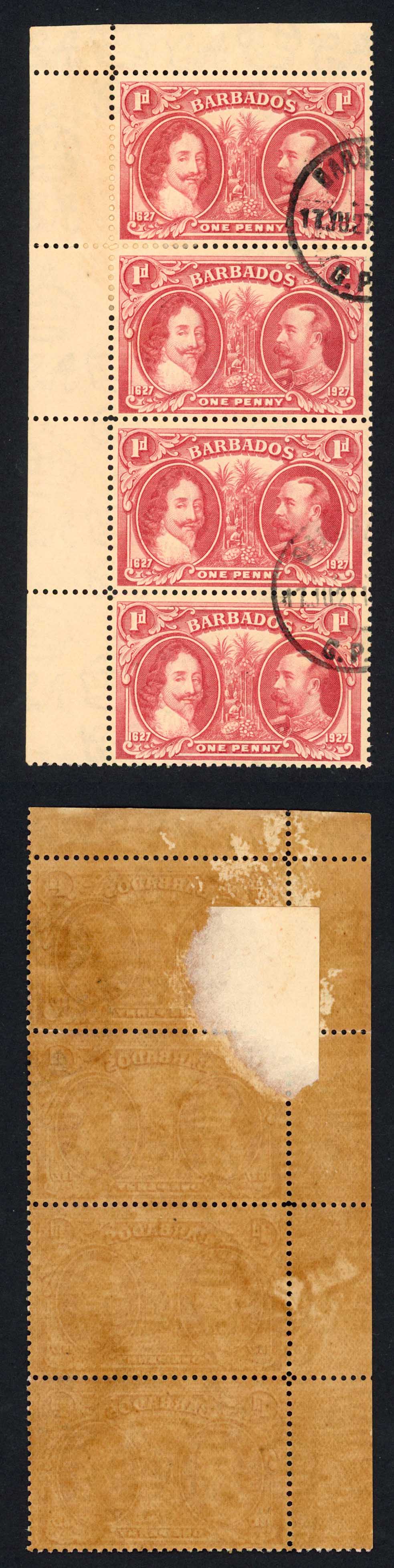 Barbados SG240 1927 Tercentenary 1d Block (toned paper) CDS Strip