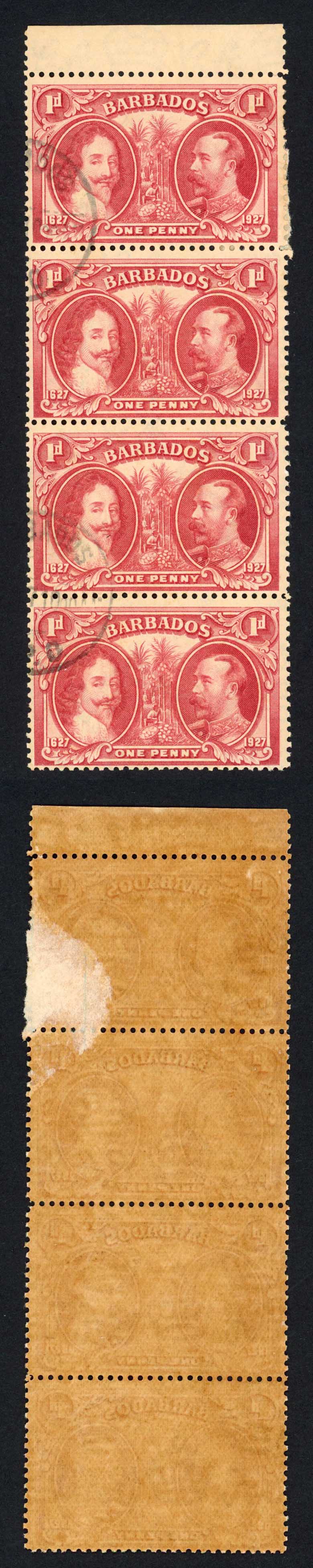 Barbados SG240 1927 Tercentenary 1d Block (toned paper) CDS Strip