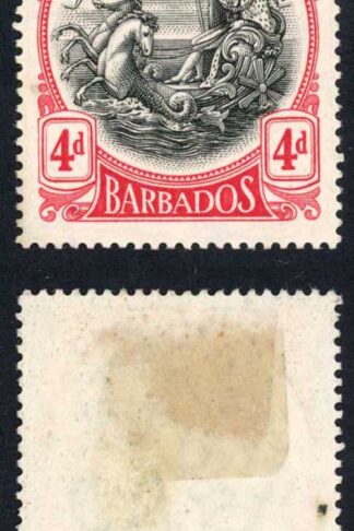 Barbados SG199x 4d Black and Red wmk Mult Crown REVERSED (no gum) Cat 325 pounds