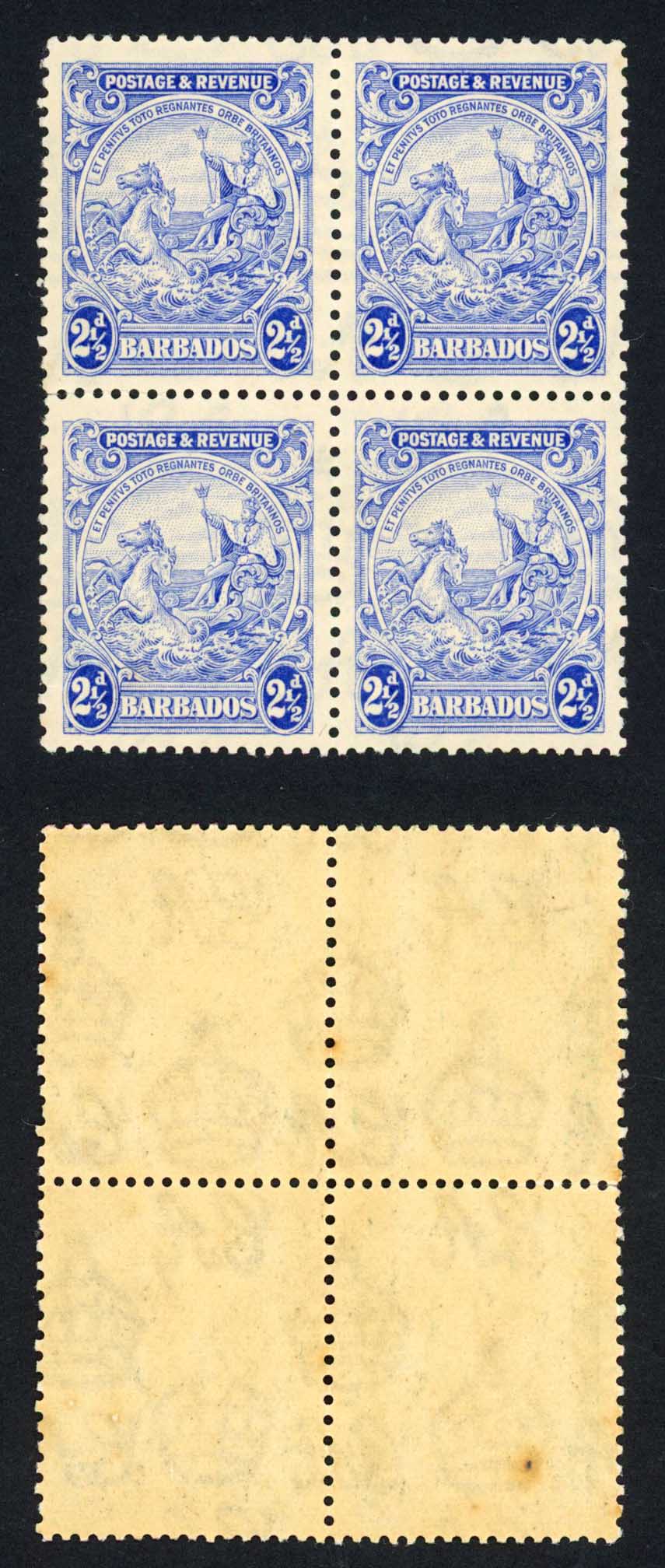 Barbados SG233ab 2 1/2d Perf 13 x 12 Block U/M (toned) Cat 84 pounds