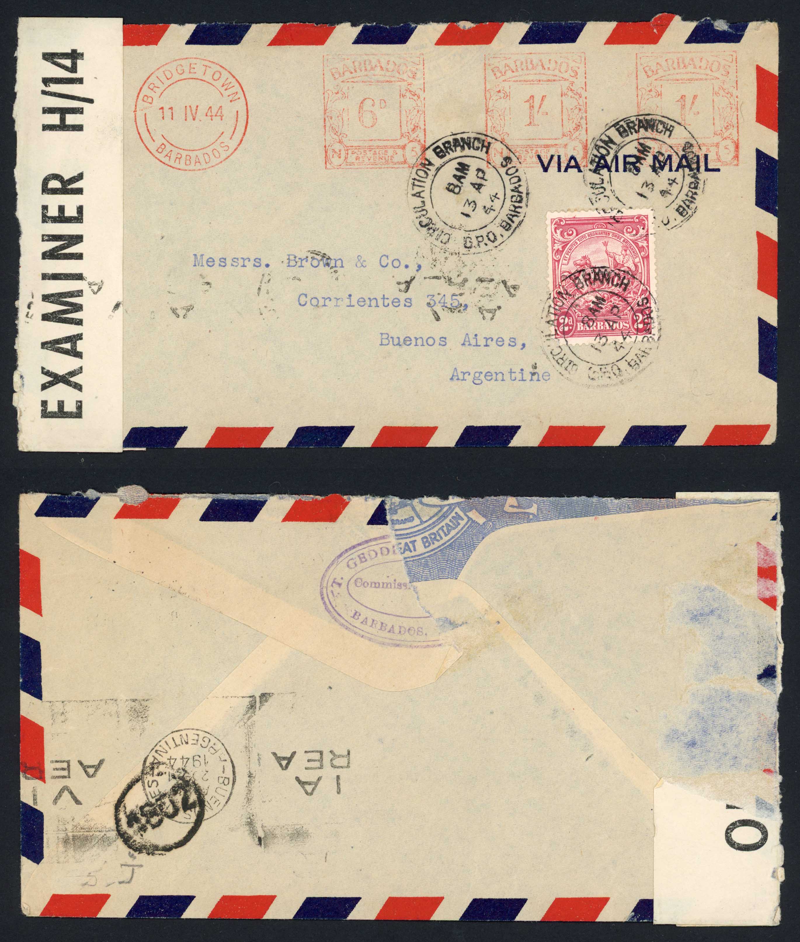 Barbados 1944 Censored 2/8 Rate Cover to Argentine