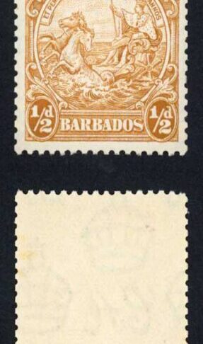 Barbados SG248c 1/2d Yellow Bistre Coil Join Strip of Four U/M