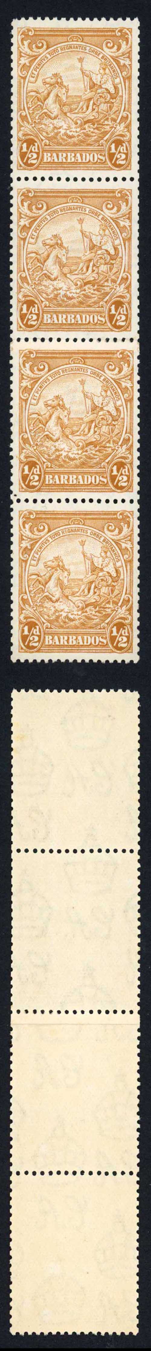 Barbados SG248c 1/2d Yellow Bistre Coil Join Strip of Four U/M