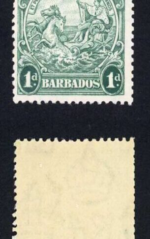 Barbados SG249b 1d Blue Green Perf 13.5 x 13 Coil Join Strip of Four U/M