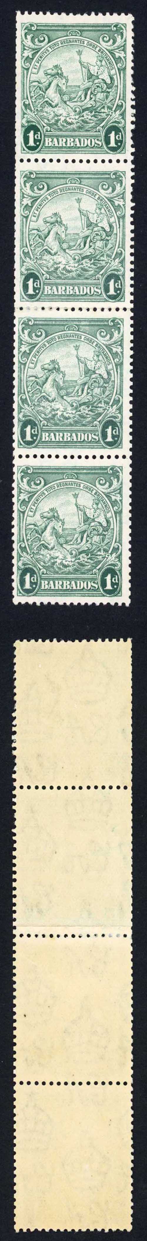 Barbados SG249b 1d Blue Green Perf 13.5 x 13 Coil Join Strip of Four U/M