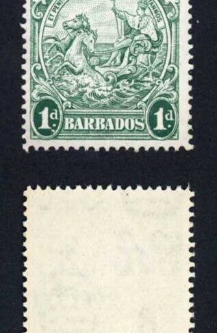 Barbados SG249c 1d Blue Green Perf 14 Coil Join Strip of Four U/M