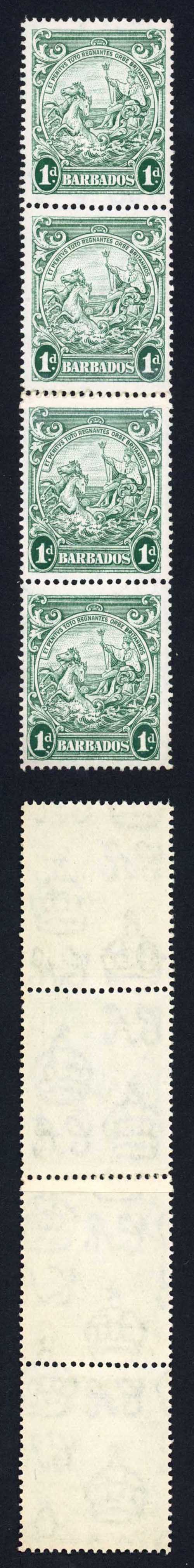 Barbados SG249c 1d Blue Green Perf 14 Coil Join Strip of Four U/M