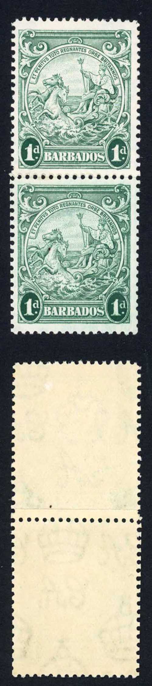 Barbados SG249b 1d Blue Green Perf 13.5 x 13 Coil Join Pair M/M