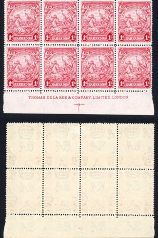 Barbados SG249a 1d Scarlet Perf 14 (Key Value) Imprint Block of 8 U/M Cat 160++