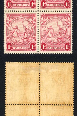 Barbados SG249 1d Scarlet Perf 13.5 x 13 (2 x U/M) toned Cat 1100 pounds