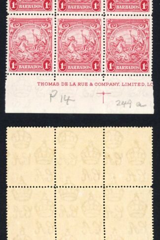 Barbados SG249a 1d Scarlet Perf 14 Block of 6 (5 x U/M) Cat 120 pounds