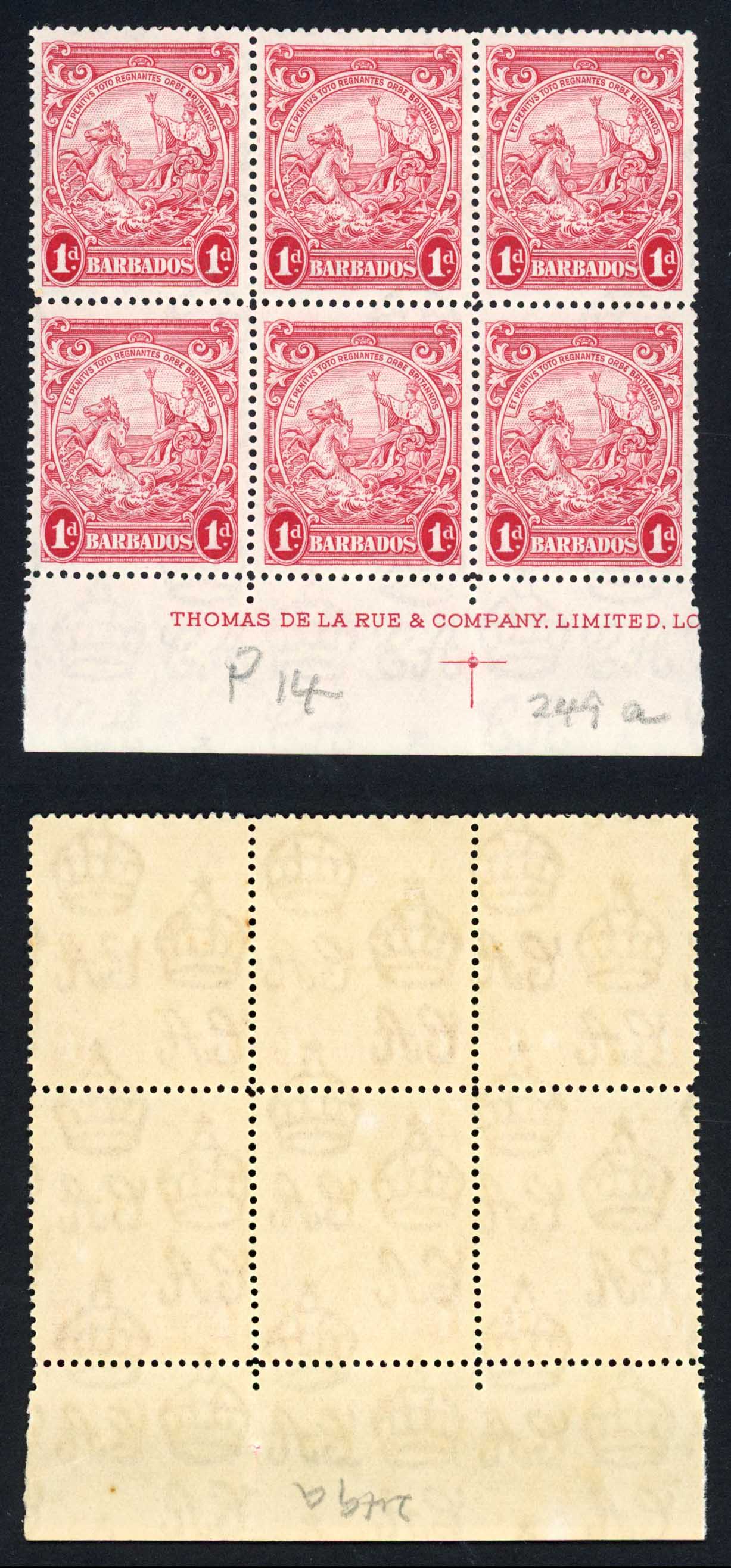 Barbados SG249a 1d Scarlet Perf 14 Block of 6 (5 x U/M) Cat 120 pounds