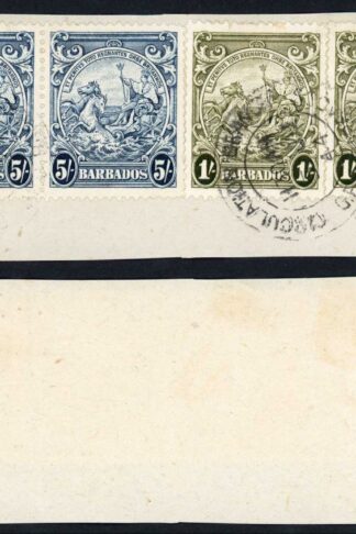 Barbados SG256a 5/- Indigo and 1/- Pairs on piece Cat 30++ pounds