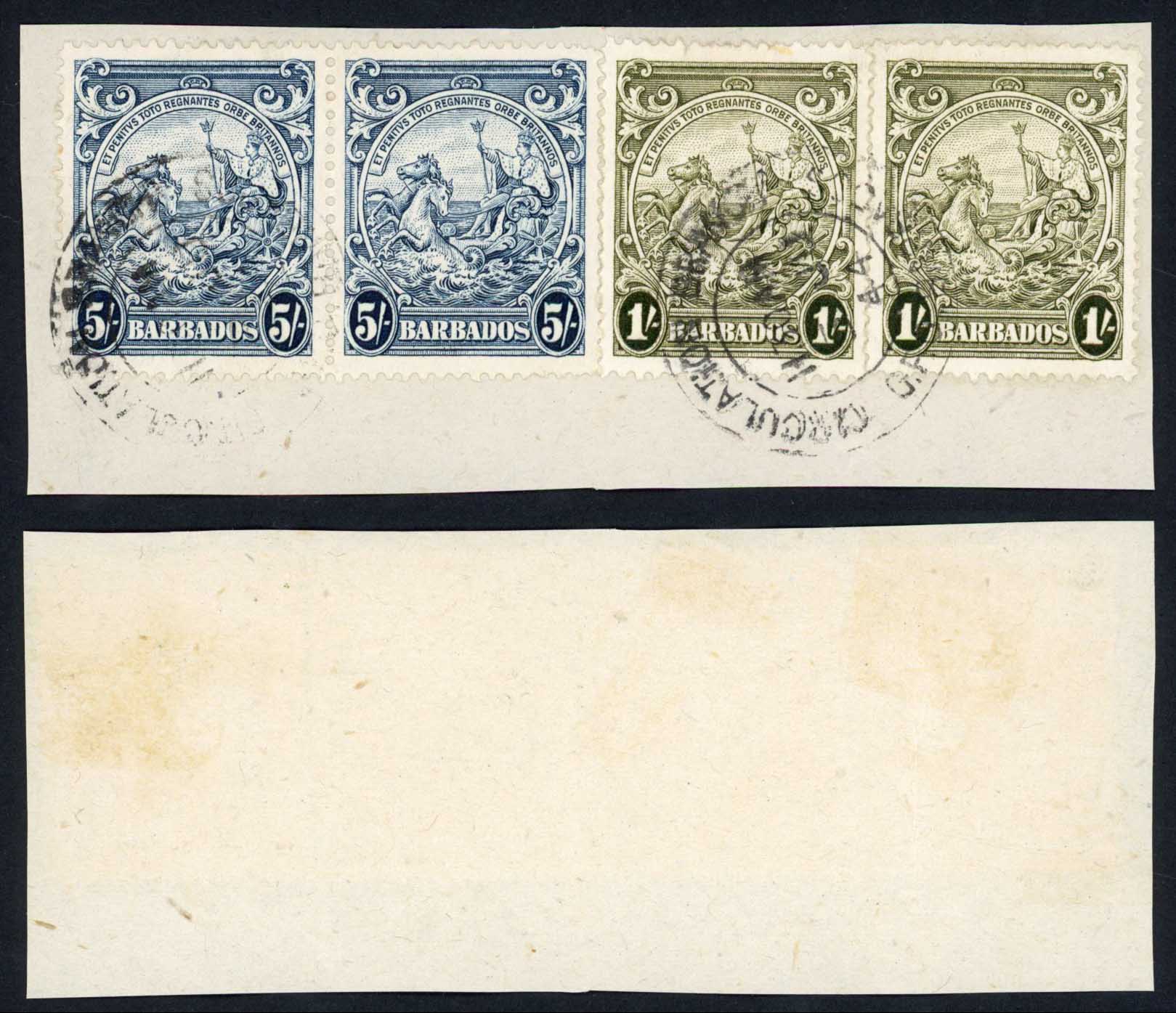 Barbados SG256a 5/- Indigo and 1/- Pairs on piece Cat 30++ pounds