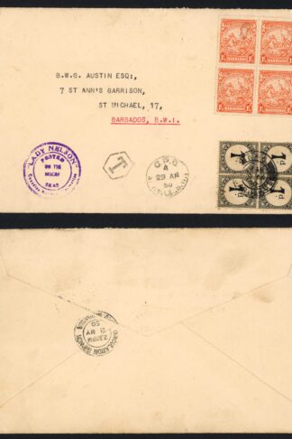 Barbados SG250 1 1/2d Orange Perf 13.5 x 13 and Post Due 1d Block SGD2