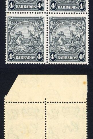 Barbados SG253d 4d Black Perf 14 U/M Block (tone spot)