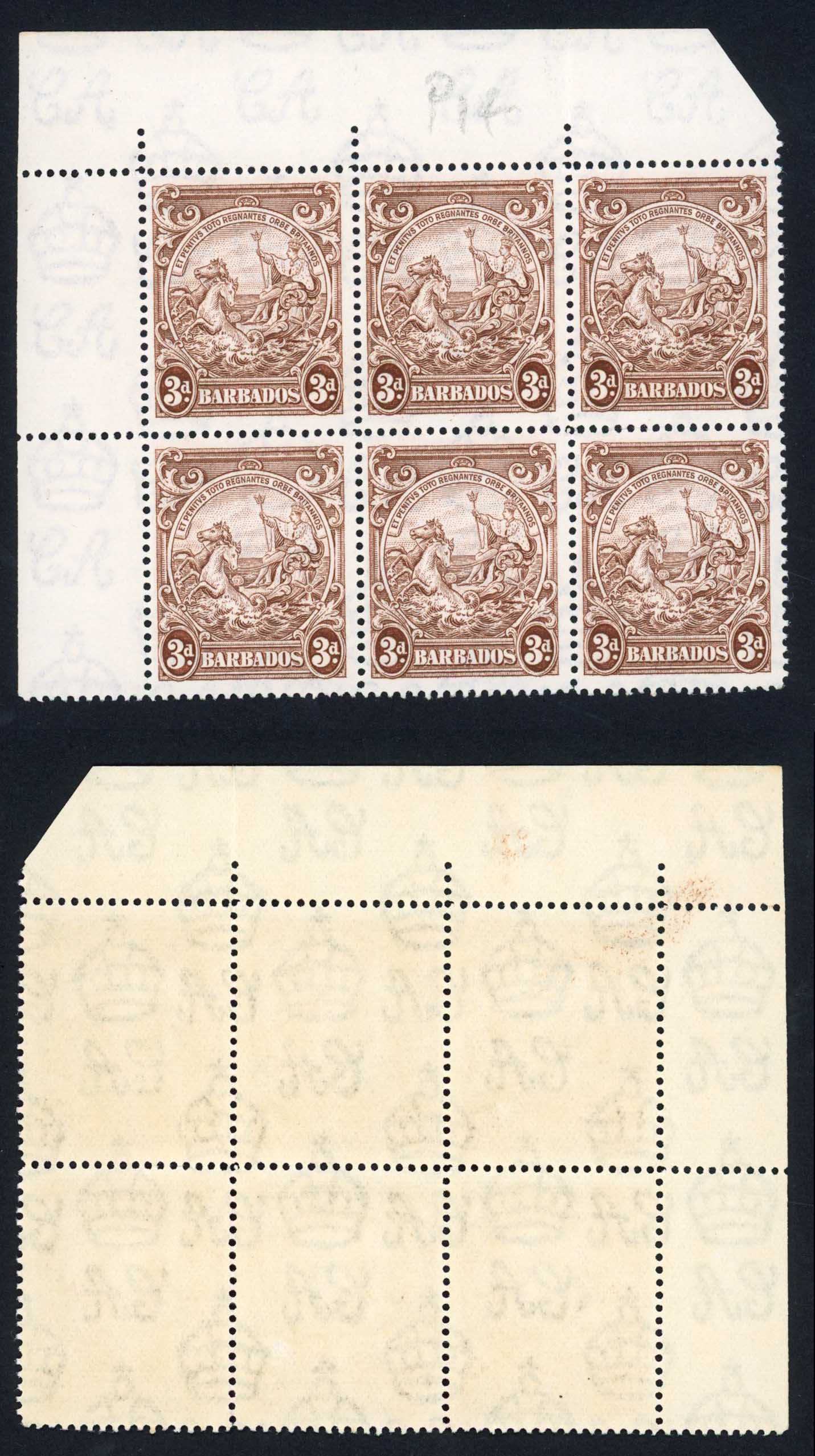 Barbados SG252b 3d Brown Perf 14 Block U/M