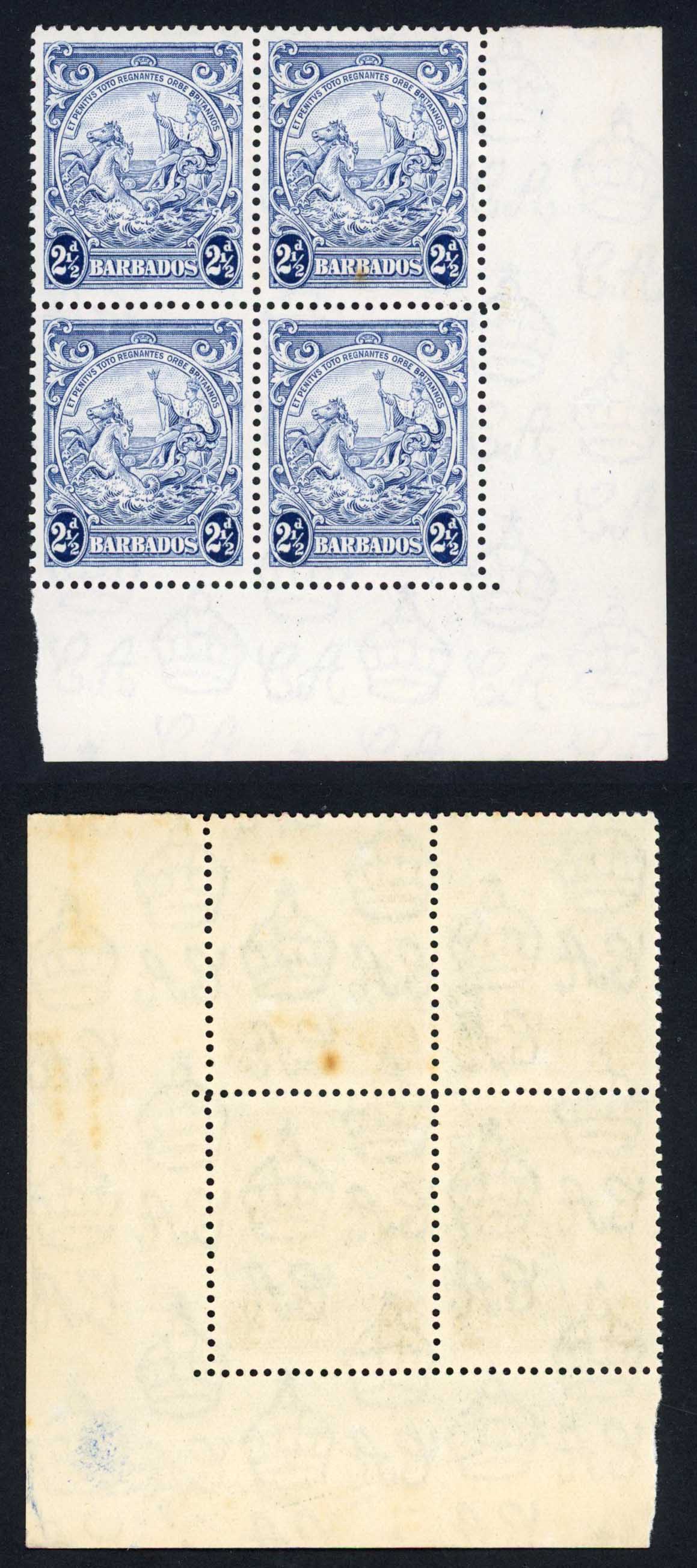 Barbados SG251b 2 1/2d Blue Block U/M (tone stop)