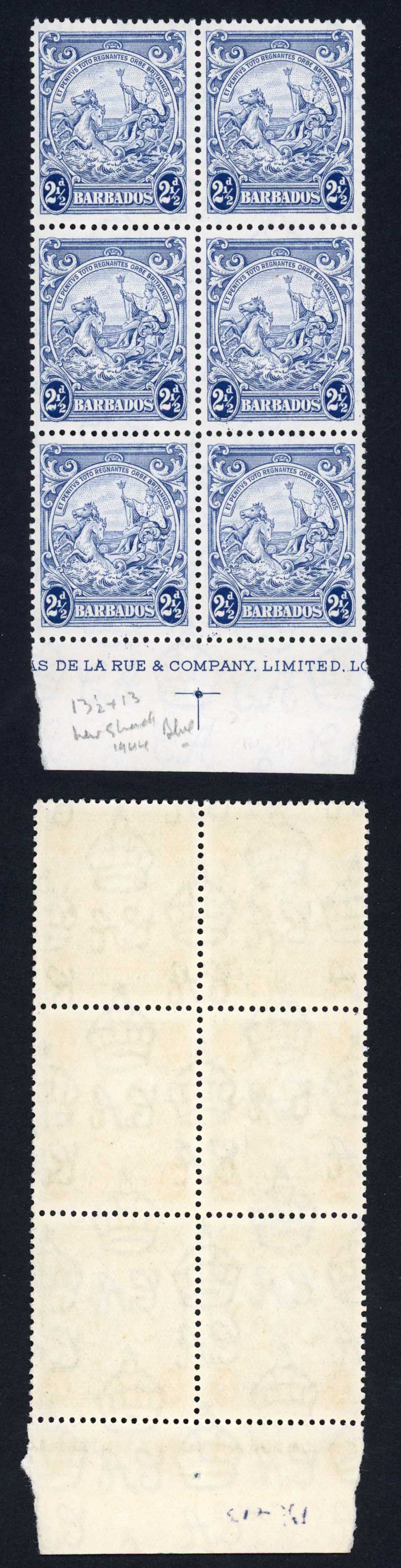 Barbados SG251b 2 1/2d Blue Block U/M inc Re-entry 12/6 (base at left)