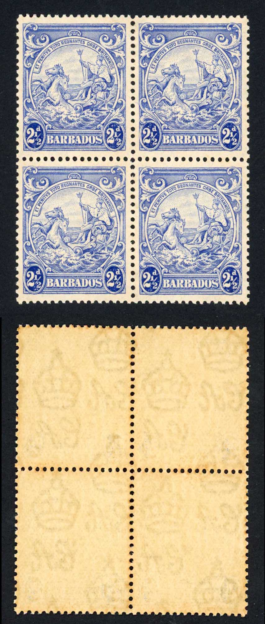 Barbados SG251 2 1/2d Ultramarine Block U/M (toned)