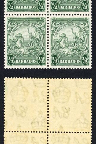 Barbados SG248 1/2d Green Perf 13.5 x 13 U/M Block Cat 24++ pounds