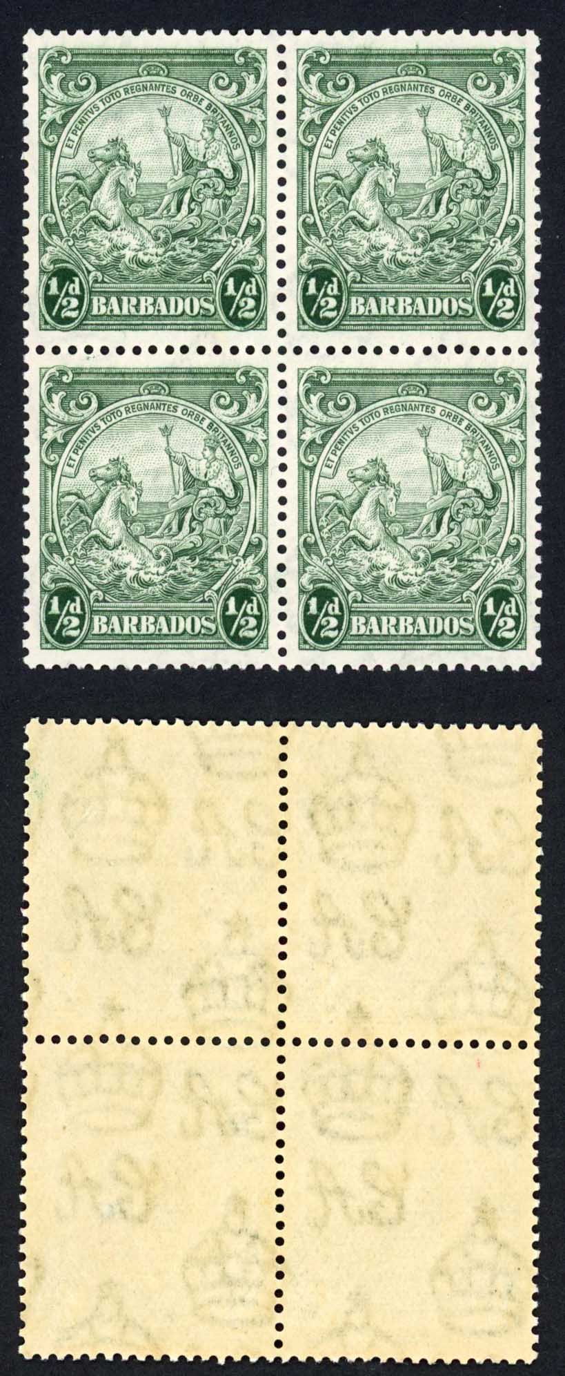 Barbados SG248 1/2d Green Perf 13.5 x 13 U/M Block Cat 24++ pounds