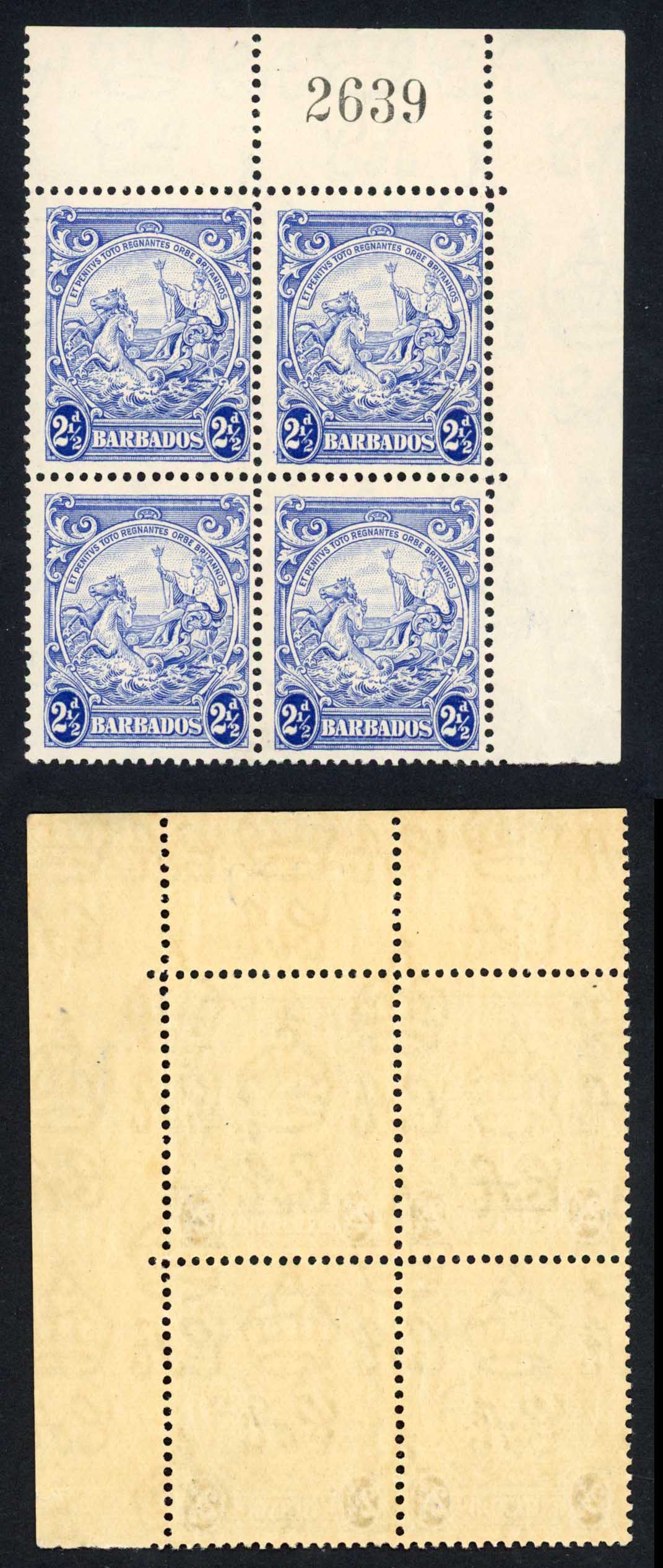 Barbados SG251 2 1/2d Ultramarine Block U/M