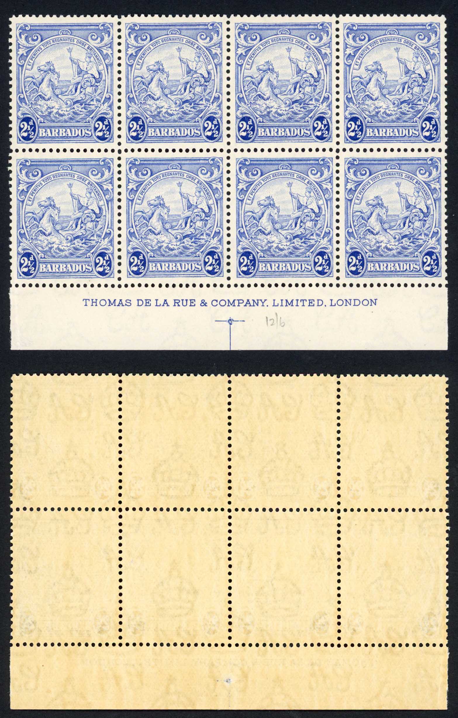 Barbados SG251 2 1/2d Ultramarine Block U/M inc Re-entry 12/6 (base at left)