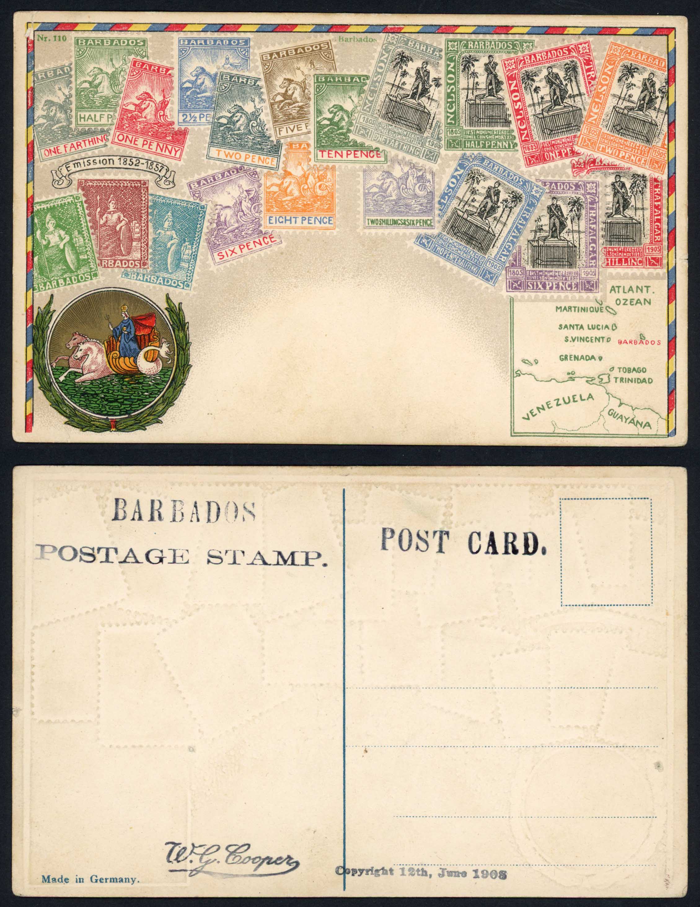 Barbados 1908 Postcard Colour depicting Barbados stamps