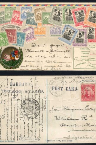 Barbados 1908 Postcard Colour depicting Barbados stamps used