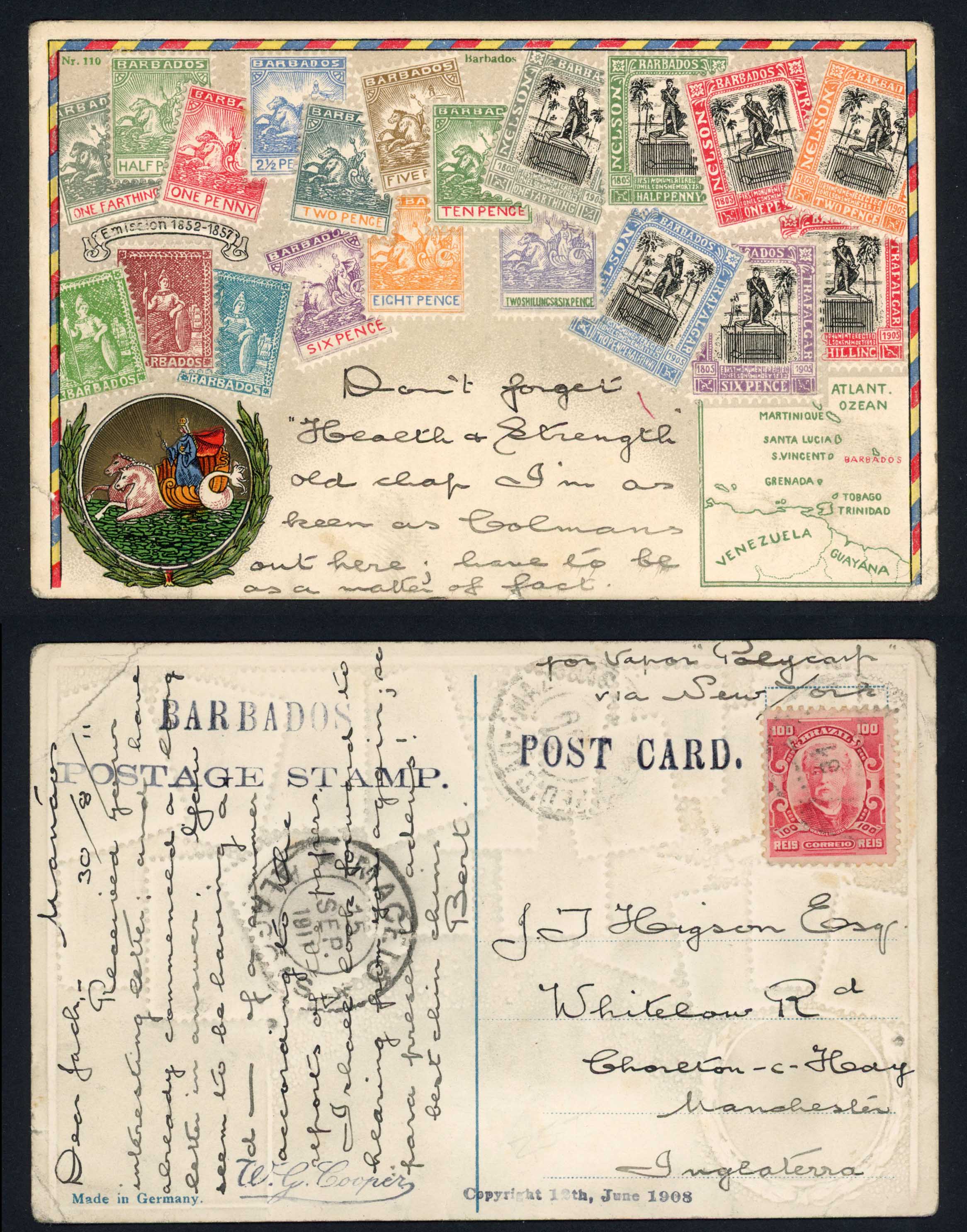 Barbados 1908 Postcard Colour depicting Barbados stamps used
